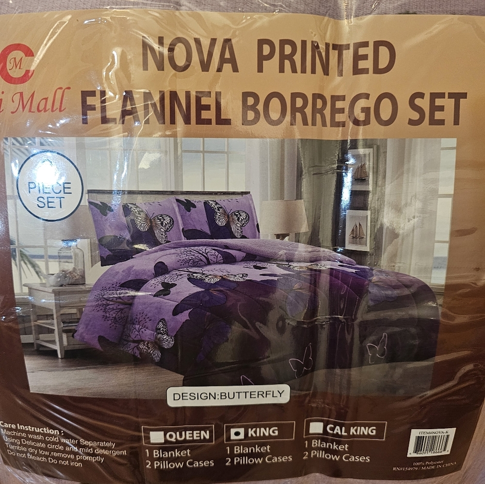 Nova Printed Flannel Borrego Set - Purple Butterfly Design